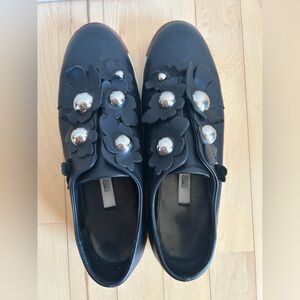 Miista: Blanche Black Floral Embellished Flats - Size 40 (US 9)